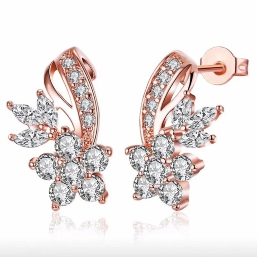 Rose Gold Leaf Earrings with Gemstones